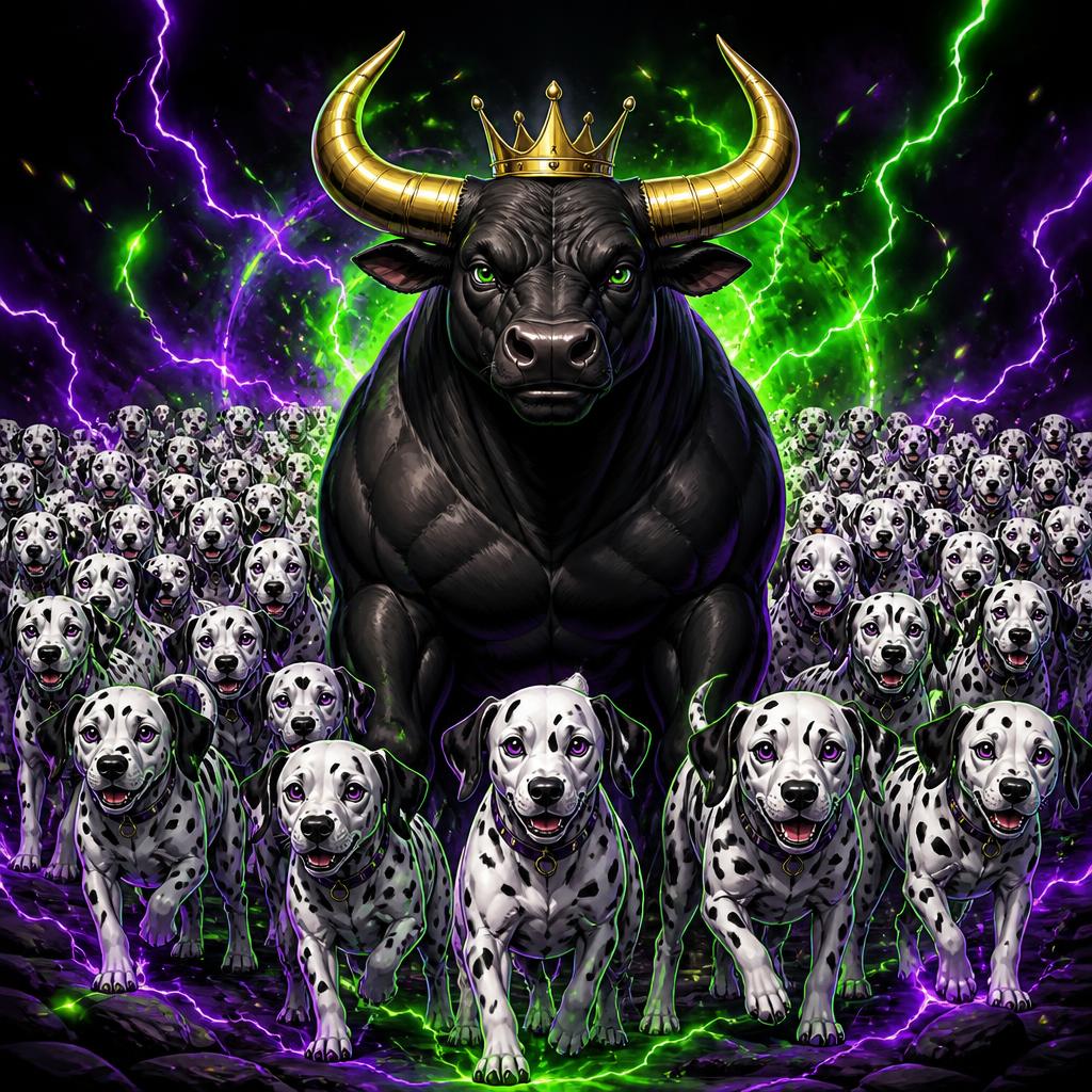 The Bull King leading a pack of 101 Dalmatians on Robinhood Chain with green and purple lightning